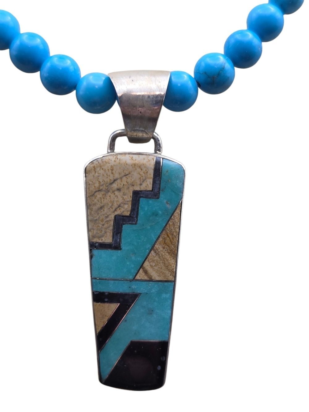 Sterling Silver Turquoise Picture Jasper Inlay Pendant 10mm